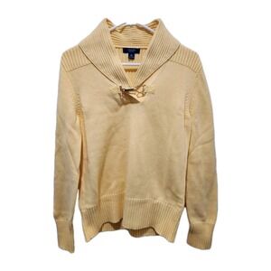 CHAPS Butter Yellow Shawl Collar Horsebit Buckle Pullover Cotton Sweater Size L